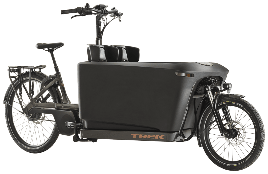 A black cargo bike with two wheels and a basket.