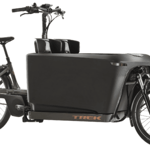 A black cargo bike with two wheels and a basket.